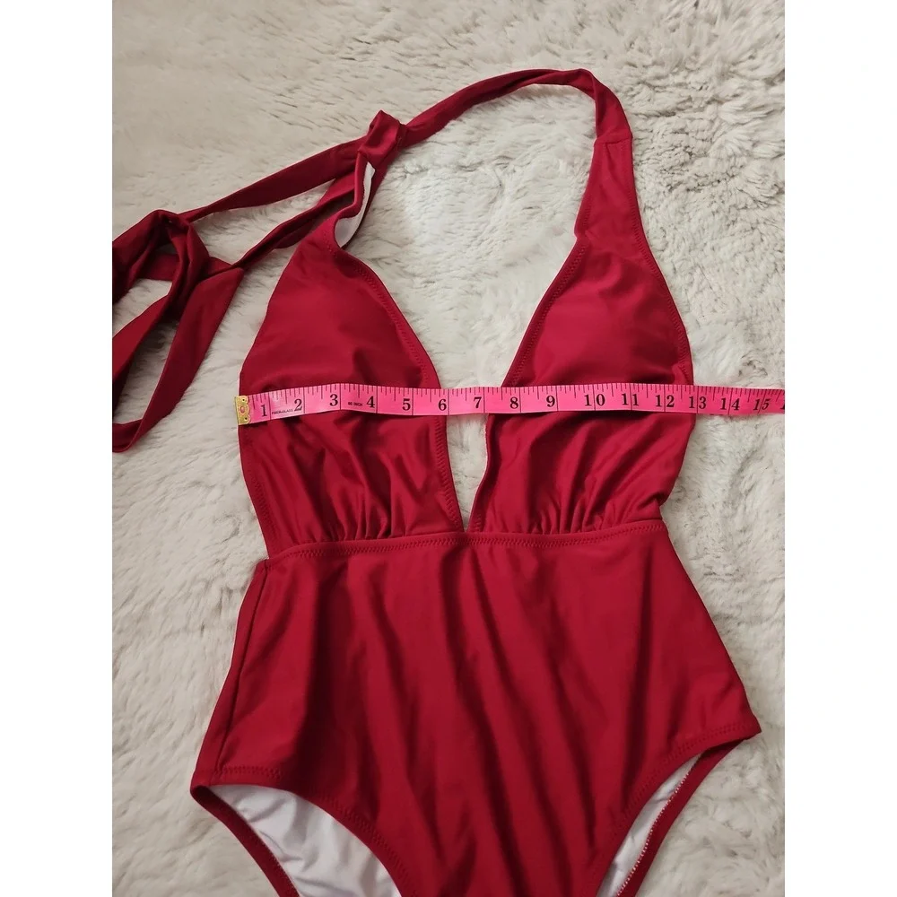 CUPSHE Maroon Red Plunge V-Neck Halter One-Piece Swimsuit Size Small S